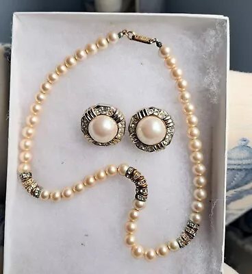 VTG DAUPHAISE Faux Pearl Rhinestone Necklace 16 L W/ 1 W Clip-on Earrings 1950’ • $10.50