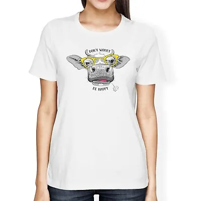 1Tee Womens Loose Fit Don't Worry Be Happy Cow  T-Shirt • £7.99