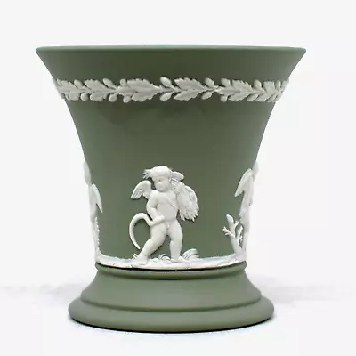 Wedgwood White On Sage Jasperware - FLARED VASE - Cupids 9cm Tall. • $29.95