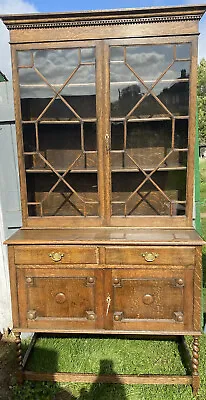 Antique English Bookcase Dresser Jacobean Style  Cabinet Barley Twist Tiger Oak • £210