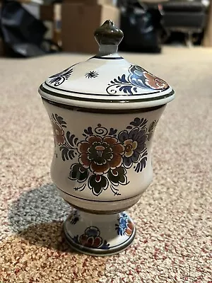 Delft Pottery Polychrome Urn Jar With Lid - Floral Hand Painted - Signed • $28