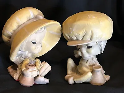 Vintage 1970s Mushroom Hat Bonnet Boy & Girl Long Eyelashes Tiny Pottery Vases • $19.95