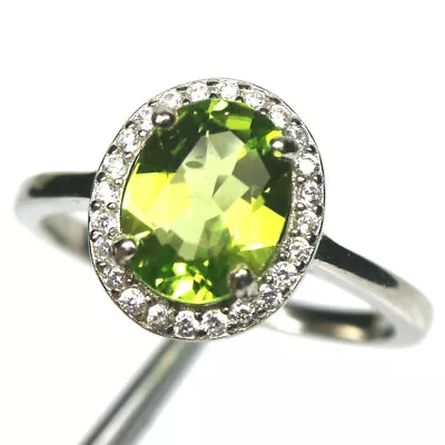 Gemstone Green Peridot & Cubic Zirconia Jewelry Ring 925 Silver Size 6 • $199