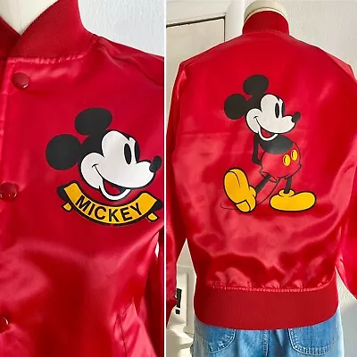 Vintage MICKEY MOUSE Satin Bomber Jacket Red 1970s 1980s Women’s S Girls Disney • $48