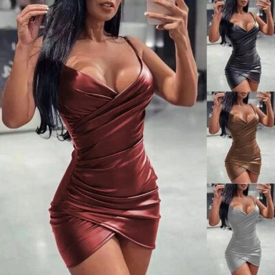 $18.79 • Buy Sexy Womens PU V-Neck Sleeveless Bodycon Mini Dress Ladies Summer Party Clubwear