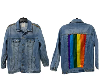 $49.95 • Buy BERSHKA DENIM Distressed Studded Rainbow Back Ladies Jacket. Size M (US). GUC