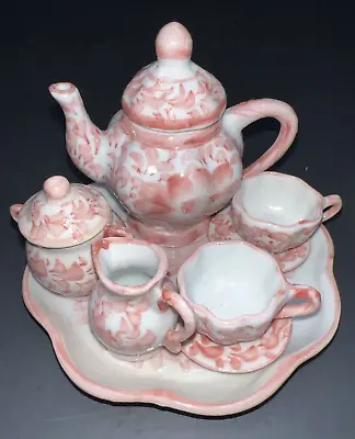 Vintage Pink & White Porcelain Dollhouse Miniature Tea Set Teapot Cups 10 Pieces • $24.99