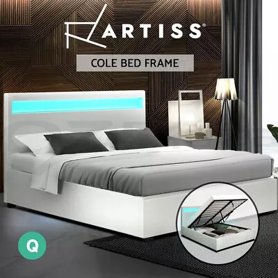 Artiss Bed Frame Queen Size RGB LED Gas Lift Storage Mattress Base White COLE • $319.95