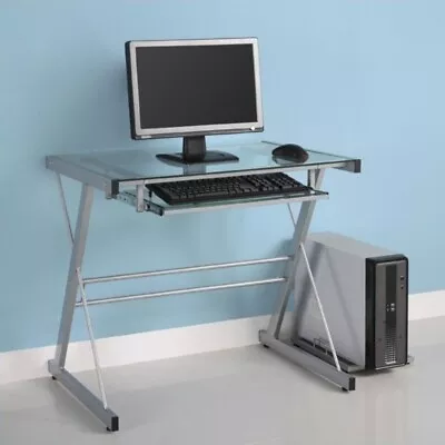 Walker Edison Solo Small Glass Top Modern Steel Metal Computer Desk In Silver • $76.33