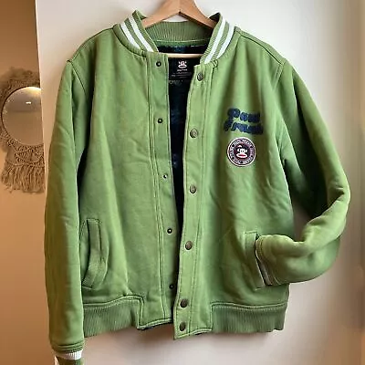 Paul Frank Y2K Lime Green Patch Embroidered Sherpa Lined Varsity Bomber Jacket  • $55