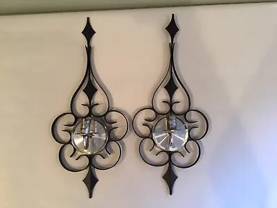 Vintage MCM 2 Black Metal Scroll And Silver Wall Sconces Candle Holders 18  • £24.10