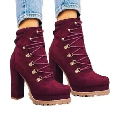 Vintage Womens Lace Up Ankle Boots Block High Heels Riding Round Toe Bootie Shoe • $55.48