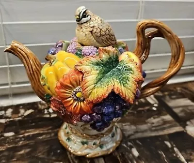 New - Fitz & Floyd Autumn Bounty Teapot Quail Lid Majolica Like • $70