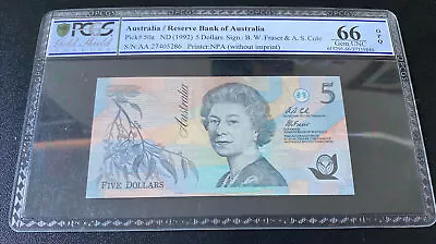 $99 • Buy Australian 1992 $5 Fraser Cole Banknote Gem UNC R214i Pale Green Serial PCGS 66