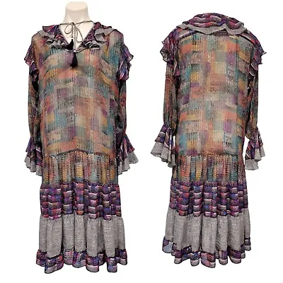 Vintage Diane Freis Georgette Dress Colorful Chevron Bead Ruffle Hem 1980s L/XL • $70.40