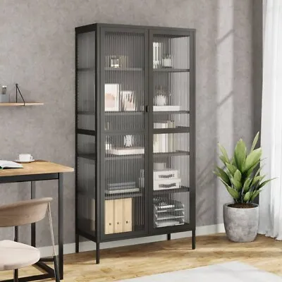 Tall Glass Display Unit Shelving Rack Metal Storage Bookcase Cabinet Sideboard • £388.50