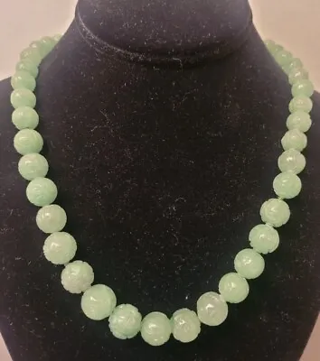 $75 • Buy Vtg Carved Jade Graduated Shou Bead Necklace~925 GSJ Gold Stone Jewelry Corp
