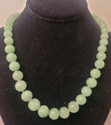 $75 • Buy Vtg Carved Jade Graduated Shou Bead Necklace~925 GSJ Gold Stone Jewelry Corp