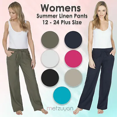 Metzuyan Womens Linen Trousers Wide Leg Fit Summer Pants Pockets 16-24 Plus Size • £10.99