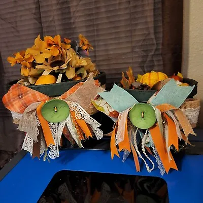 Set Of 2 Fall Harvest Decor Pumpkin Baskets With Bows Flowers Acorns Pinecones • $20