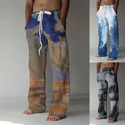 $24.27 • Buy Men's Vintage Casual Printed Linen Pocket Lace Up Loose Beach Long Pants Trouser
