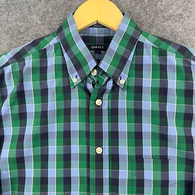 GANT Shirt Mens Medium Blue Green Long Sleeve Plaid Portofino Poplin Regular Fit • £19.99