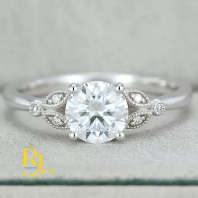 Moissanite Vintage Engagement Ring 1 Carat Round Cut Solid 14K White Gold VVS1 • $242.73