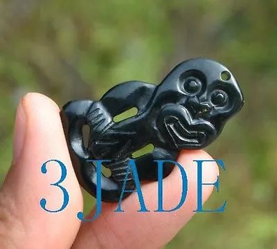  Natural Black Nephrite Jade Maori Hei Tiki Pendant Necklace New Zealand Art • $29.99