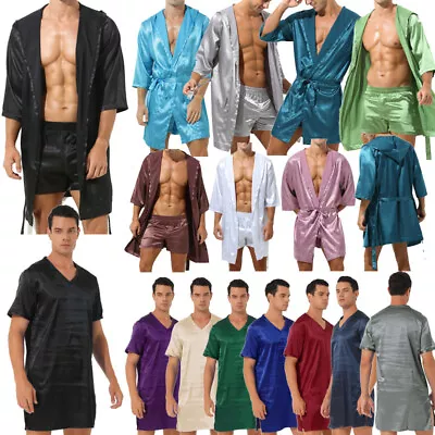 US Men's Summer Kimono Hooded Satin Robe Nightgown Half Sleeve Pajamas Bathrobes • $18.67