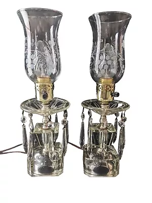 Pair Of Vintage MCM Glass And Crystal Hurricane Electric Lamps • $45