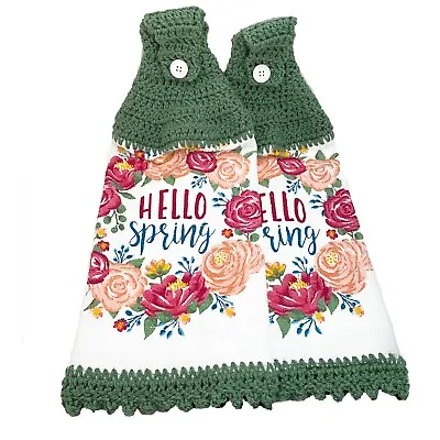 Hello Spring Hanging Kitchen Towel Set Crochet Top Cabbage Rose Wreath Sage • $14.39