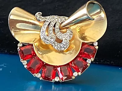 Stunning Signed Mazer Rhodium Plated Ruby Red & Pave' Rhinestones Bow Fur Clip • $389.99