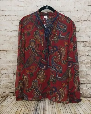 S Oliver Womens Size 8 Blouse Red Blue Orange Paisley Sheer V Neck Long Sleeve • $14