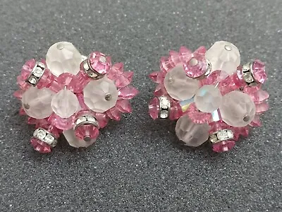 Vintage Vendome Cluster Silver Clip Earrings Frosty Clear Pink Glass Rhinestones • $16.98