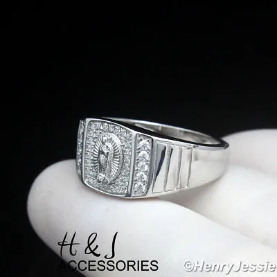 Men Solid 925 Sterling Silver Icy Bling Cz Virgin Mary Square Ring*sr219 • $39.99