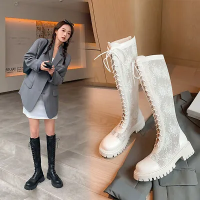 Womens Fashion Leather Mesh Embroidery Lace Up Knee High Combat Boots Shoes AKAA • $78.19