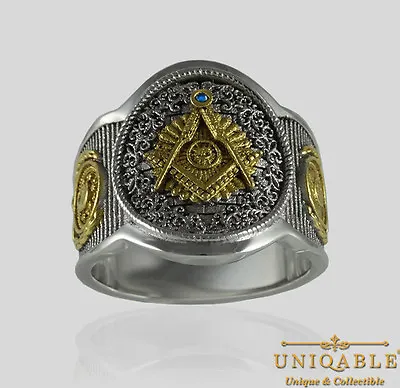 $124.95 • Buy Masonic Sterling Silver .925 Ring Square Compass 18K Gold Pld Freemason UNIQABLE