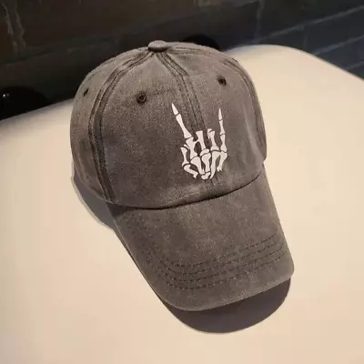 Skeleton Rock N Roll Devil Horns Hand Gesture Distressed Twill Baseball Cap • $17.49