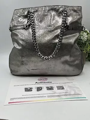 Michael Kors Authenticated Lacey Nickel Silver Leather Foldover Tote Metal Chain • $43.99