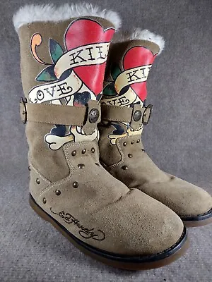 Ed Hardy Taupe Suede Moccasin Mid-Calf Tan Fur Lined Suede Boots Size US 8 • $49.95