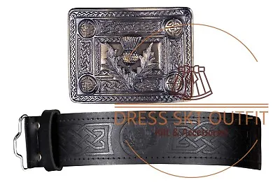 Scottish Traditional Black Leather Embossed Kilt Belt With Antique Belt Buckle • $45