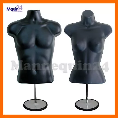 2 Pack Mannequin Torso Body Forms Set Male Female Black W/2 Stands + 2 Hangers  • $79.85