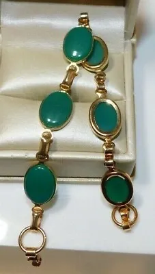 Vintage Scarab Style Jade Green Glass Cabochon Gold Tone 7.25  Bracelet 1g 12 • $23.99