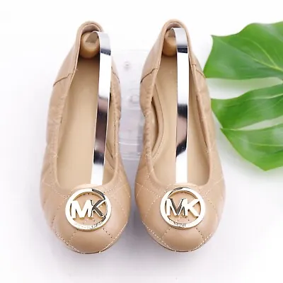 Michael Kors Womens Fulton Ballet Flat Size 6.5 Quilted Tan Nude Leather Gold MK • $52.39