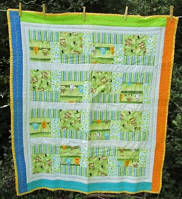 Handmade Baby Quilt Nursery Bed Cover Zoo Jungle Monkeys Lion Flannel Backing • $25.26