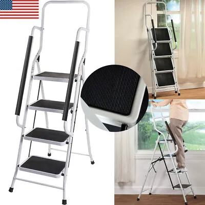 4 Step Folding Ladder With Handrails Safety Non-Slip Side Armrests For Home • $65.99