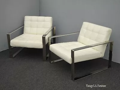 Pair Of Contempory Modern Modani Rivoli Off White Tufted Eco Leather Arm Chairs • $1056