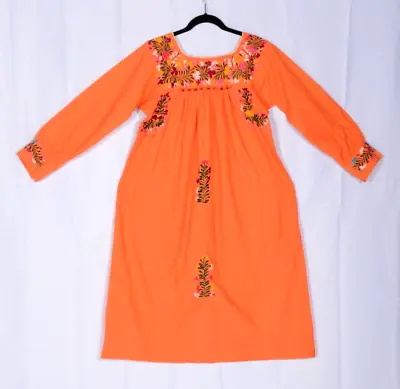 VTG 1970s Peasant Dress Oaxacan Mexican Embroidered ORANGE Long Sleeve O/S • $150
