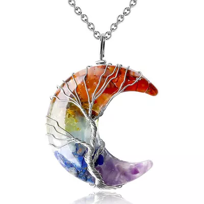 Natural Tree Of Life Crescent Moon 7 Chakra Crystal Stone Pendant Necklace Wire • $4.32