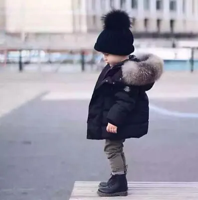 Baby Boys Winter Warm Coat Fur Collar Hooded Thicken Jacket Outerwear Clothes • £15.99